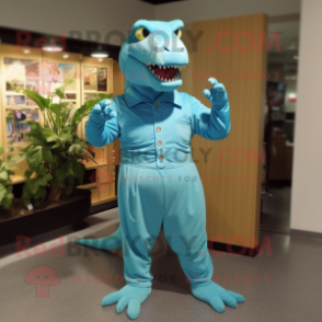 Cyan Iguanodon mascot costume character dressed with a Jumpsuit and Suspenders
