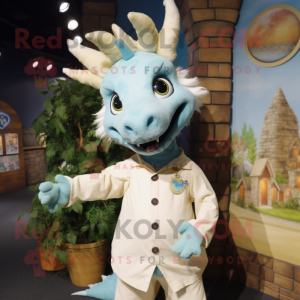Cream Dragon mascot costume character dressed with a Chambray Shirt and Brooches