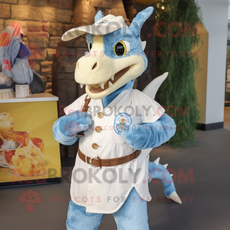 Cream Dragon mascot costume character dressed with a Chambray Shirt and Brooches Cream Dragon mascot costume character dressed with a Chambray Shirt and Brooches