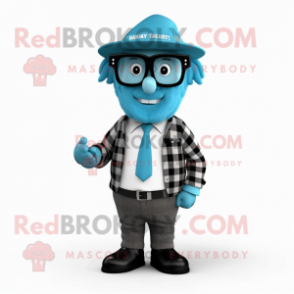 Cyan Attorney mascot costume character dressed with a Flannel Shirt and Belts