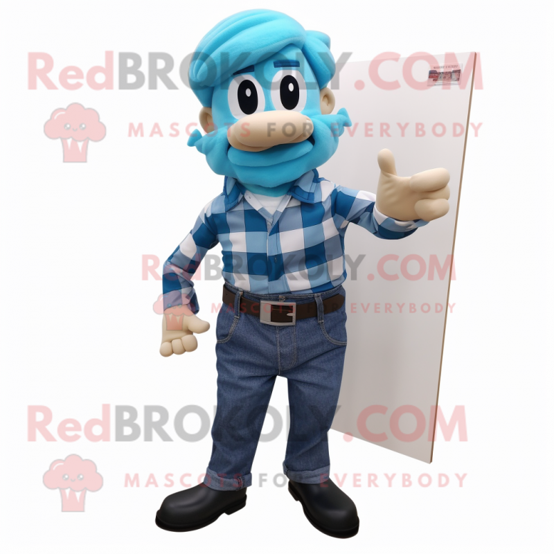 Cyan Attorney mascot costume character dressed with a Flannel Shirt and Belts Cyan Attorney mascot costume character dressed with a Flannel Shirt and Belts