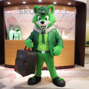 Green Wolf mascot costume character dressed with a Coat and Briefcases