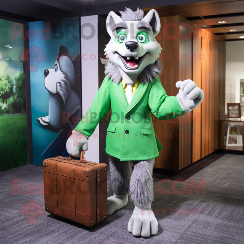 Green Wolf mascot costume character dressed with a Coat and Briefcases