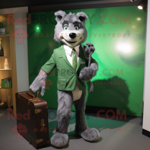 Green Wolf mascot costume character dressed with a Coat and Briefcases