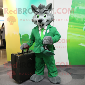 Green Wolf mascot costume character dressed with a Coat and Briefcases