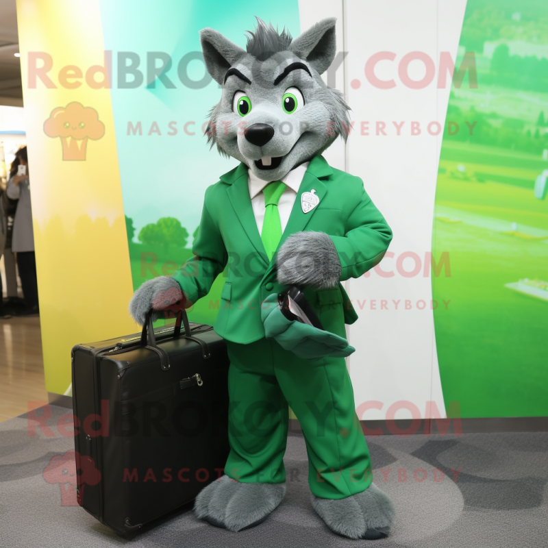 Green Wolf mascot costume character dressed with a Coat and Briefcases Green Wolf mascot costume character dressed with a Coat and Briefcases