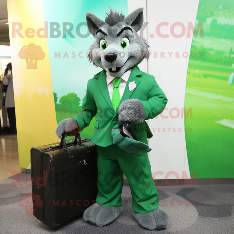 Green Wolf mascot costume character dressed with a Coat and Briefcases