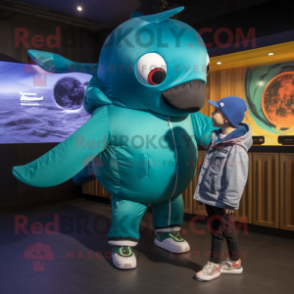 Turquoise Humpback Whale mascot costume character dressed with a Bomber Jacket and Watches