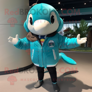 Turquoise Humpback Whale mascot costume character dressed with a Bomber Jacket and Watches