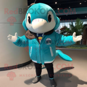 Turquoise Humpback Whale mascot costume character dressed with a Bomber Jacket and Watches
