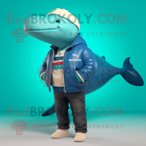 Turquoise Humpback Whale mascot costume character dressed with a Bomber Jacket and Watches
