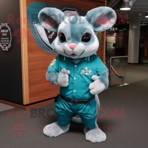 Teal Chinchilla mascot costume character dressed with a Polo Shirt and Digital watches