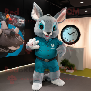 Teal Chinchilla mascot costume character dressed with a Polo Shirt and Digital watches