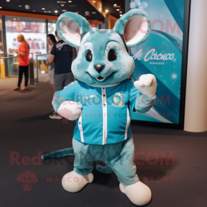 Teal Chinchilla mascot costume character dressed with a Polo Shirt and Digital watches