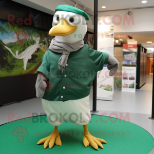 Forest Green Seagull mascot costume character dressed with a T-Shirt and Pocket squares
