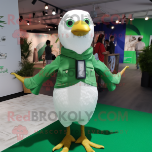 Forest Green Seagull mascot costume character dressed with a T-Shirt and Pocket squares