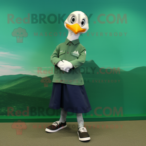 Forest Green Seagull mascot costume character dressed with a T-Shirt and Pocket squares