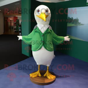 Forest Green Seagull mascot costume character dressed with a T-Shirt and Pocket squares