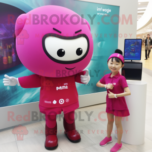 Magenta Miso Soup mascot costume character dressed with a Mini Skirt and Smartwatches