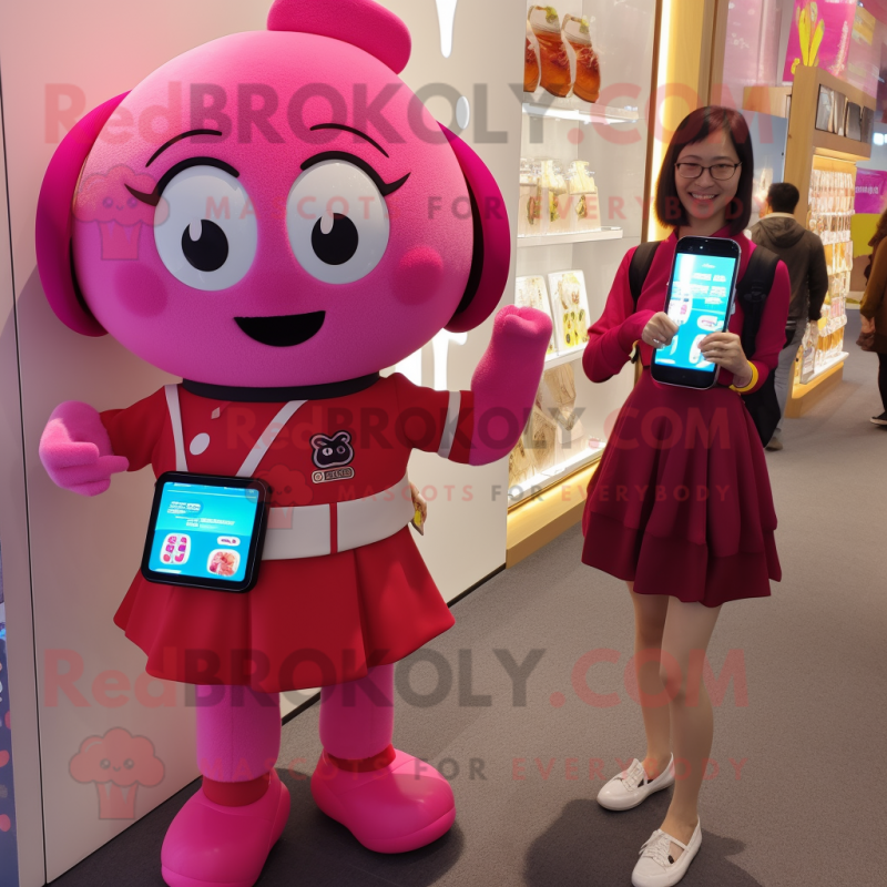 Magenta Miso Soup mascot costume character dressed with a Mini Skirt and Smartwatches