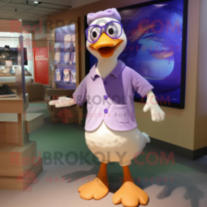 Lavender Geese mascot costume character dressed with a Tank Top and Eyeglasses