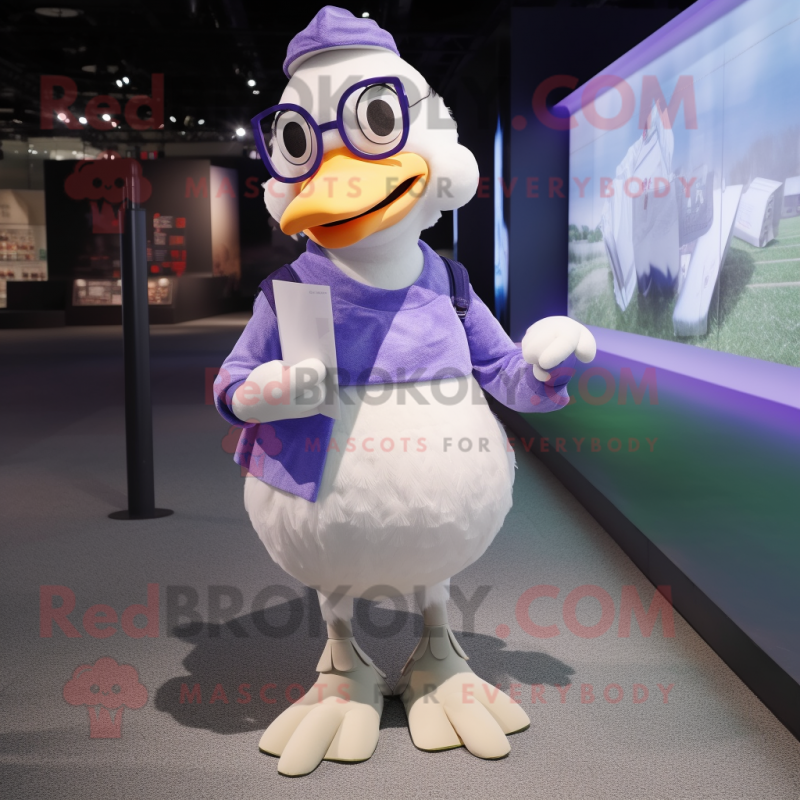 Lavender Geese mascot costume character dressed with a Tank Top and Eyeglasses