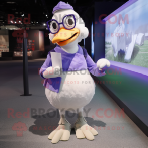 Lavender Geese mascot costume character dressed with a Tank Top and Eyeglasses