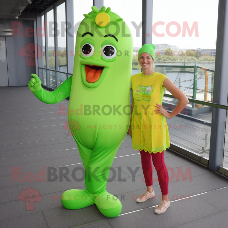 Lime Green Currywurst mascot costume character dressed with a Romper and Hairpins Lime Green Currywurst mascot costume character dressed with a Romper and Hairpins