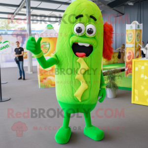 Lime Green Currywurst mascot costume character dressed with a Romper and Hairpins