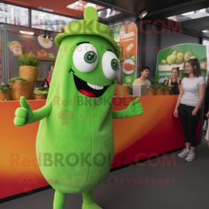 Lime Green Currywurst mascot costume character dressed with a Romper and Hairpins