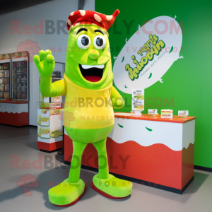 Lime Green Currywurst mascot costume character dressed with a Romper and Hairpins