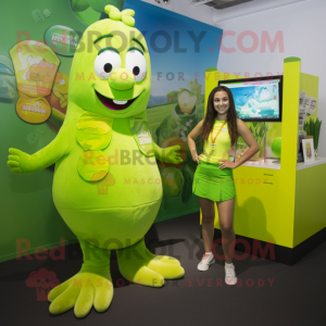Lime Green Ceviche mascot costume character dressed with a Bikini and Watches