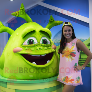 Lime Green Ceviche mascot costume character dressed with a Bikini and Watches