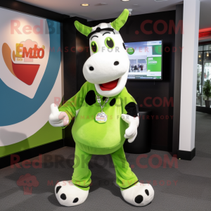 Lime Green Holstein Cow mascot costume character dressed with a Skinny Jeans and Bracelet watches