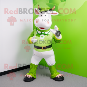 Lime Green Holstein Cow mascot costume character dressed with a Skinny Jeans and Bracelet watches