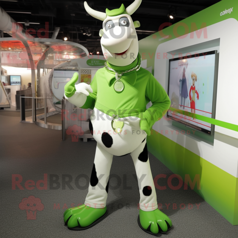Lime Green Holstein Cow mascot costume character dressed with a Skinny Jeans and Bracelet watches
