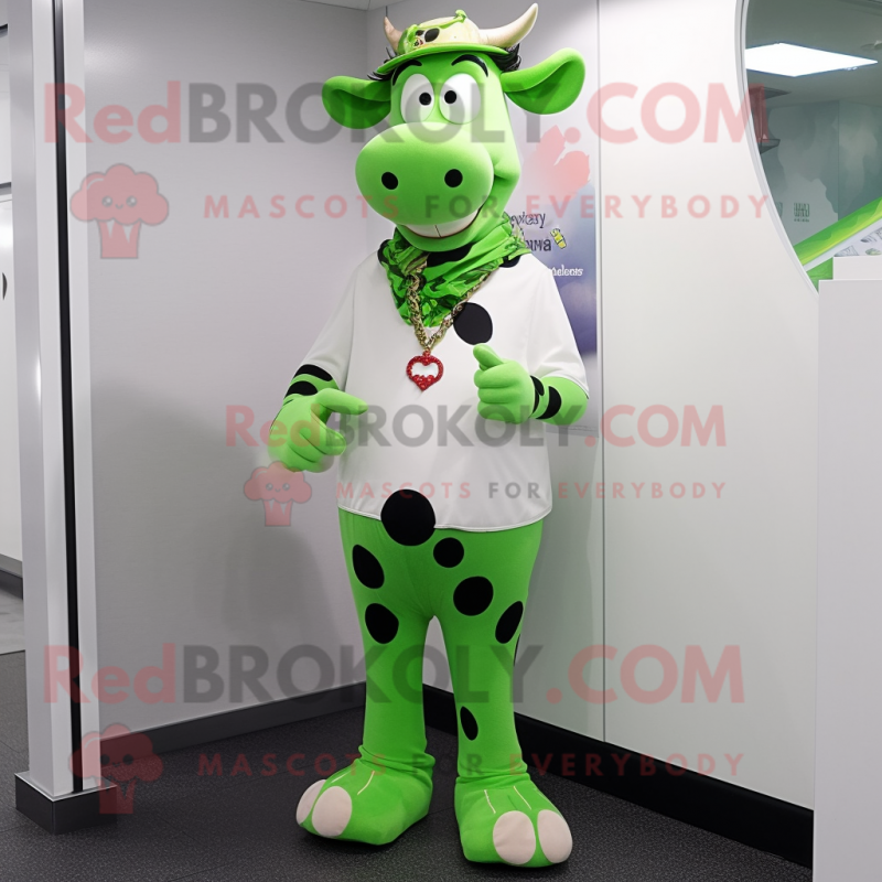 Lime Green Holstein Cow mascot costume character dressed with a Skinny Jeans and Bracelet watches