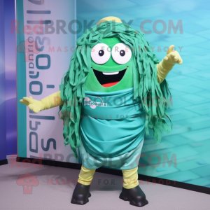 Turquoise Pesto Pasta mascot costume character dressed with a Windbreaker and Belts