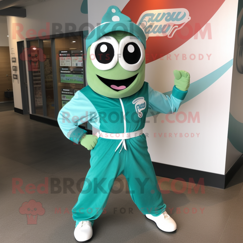 Turquoise Pesto Pasta mascot costume character dressed with a Windbreaker and Belts