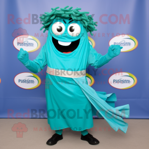 Turquoise Pesto Pasta mascot costume character dressed with a Windbreaker and Belts