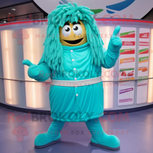 Turquoise Pesto Pasta mascot costume character dressed with a Windbreaker and Belts