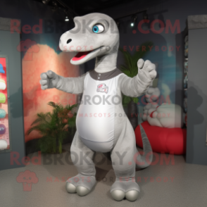 Silver Brachiosaurus mascot costume character dressed with a Polo Shirt and Mittens