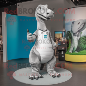 Silver Brachiosaurus mascot costume character dressed with a Polo Shirt and Mittens