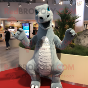 Silver Brachiosaurus mascot costume character dressed with a Polo Shirt and Mittens