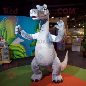 Silver Brachiosaurus mascot costume character dressed with a Polo Shirt and Mittens