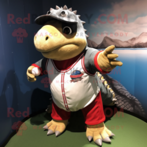 nan Ankylosaurus mascot costume character dressed with a Baseball Tee and Lapel pins