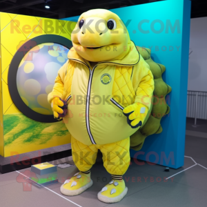 Lemon Yellow Glyptodon mascot costume character dressed with a Windbreaker and Anklets