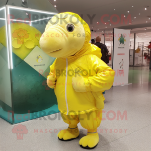 Lemon Yellow Glyptodon mascot costume character dressed with a Windbreaker and Anklets