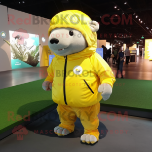 Lemon Yellow Glyptodon mascot costume character dressed with a Windbreaker and Anklets