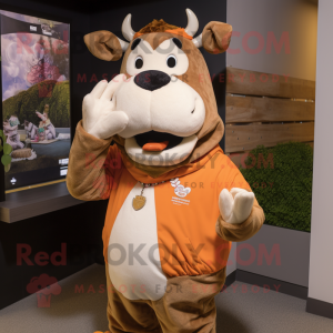 Tan Hereford Cow mascot costume character dressed with a Sweatshirt and Bracelets